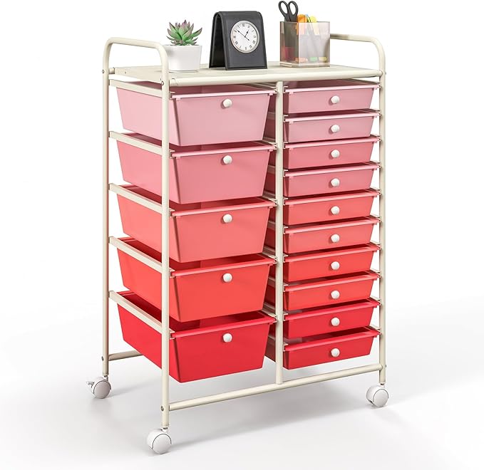 GOFLAME 15-Drawer Rolling Storage Cart, Craft Storage Cart with Removable Drawers & Lockable Wheels, Art Cart Supply Storage Organizer for Home Office Classroom, Pink Gradient