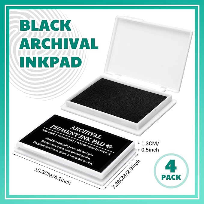 MotiMind 4 Pcs Black Archival Pigment Waterproof Ink Pad for Stamps 3.7 x 2.5 Inch Permanent Waterproof Black Ink Pad for Card Making, Stamping, Scrapbooking Gift