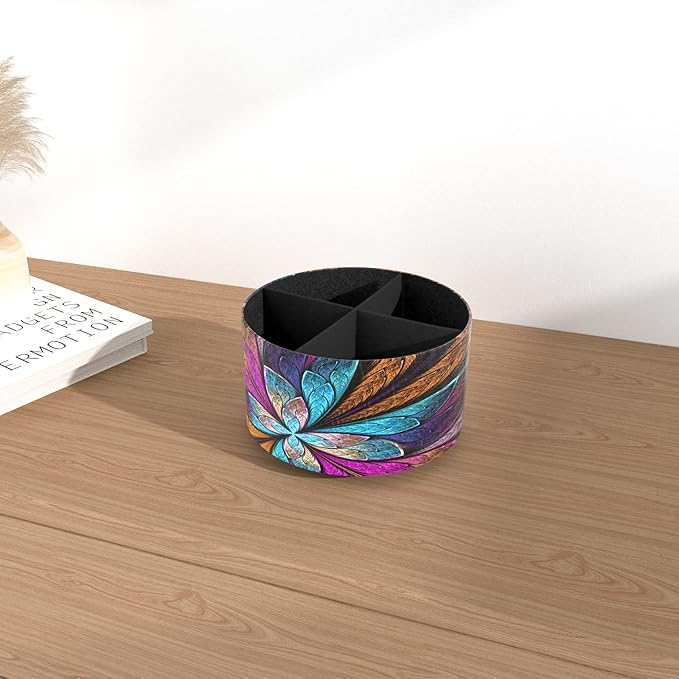 Hennaja Round Leather Art Supply Organizer,Remote Control Holder,360 Degree Rotating,Multi-Functional Pencil Holder,4 Compartments Desktop Stationary Organizer(1-Fractal Flower) | Round, 360 Degree Rotating, Multi-Functional, Desktop