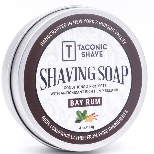 Taconic Shave Bay Rum Scent Shaving Soap – Warm Spiced Aroma – Barbershop Quality Lather Puck with Coconut & Olive Oils – Classic Wet Shave – Made in USA