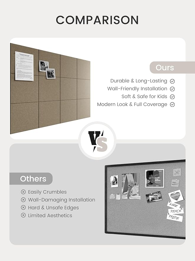 Bumusty Large Cork Board 47"x35" Alternative - 12 Pack Felt Wall Tiles with 70 Safe Removable Adhesive Tabs, 30 Pushpins, Cork Boards for Walls Pin Board Tack Board Cork Board (Dark Brown)