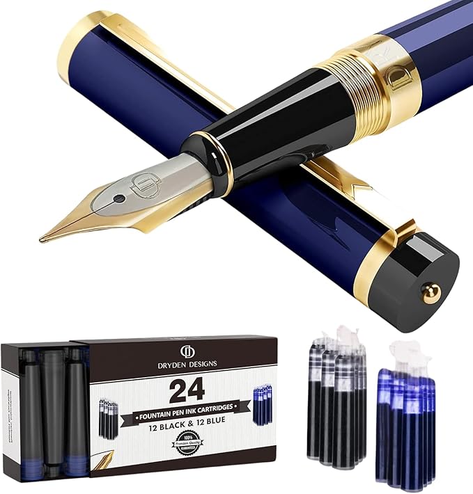 Dryden Designs Fountain Pen Medium Nib Gift Pouch - with 24 Ink Cartridges - MCM (Deep Blue)