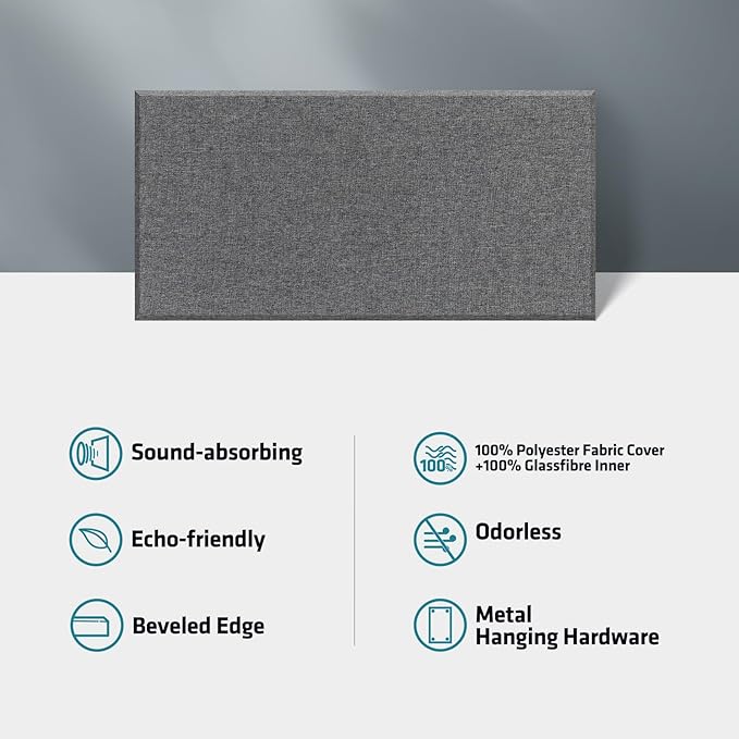2” Thick Acoustic Panels with Hanging Hardware, 2 PCS 47.2” x 23.6” Fiberglass Sound Absorbing Panels for Home Theater Church Office Wall,Heather Grey