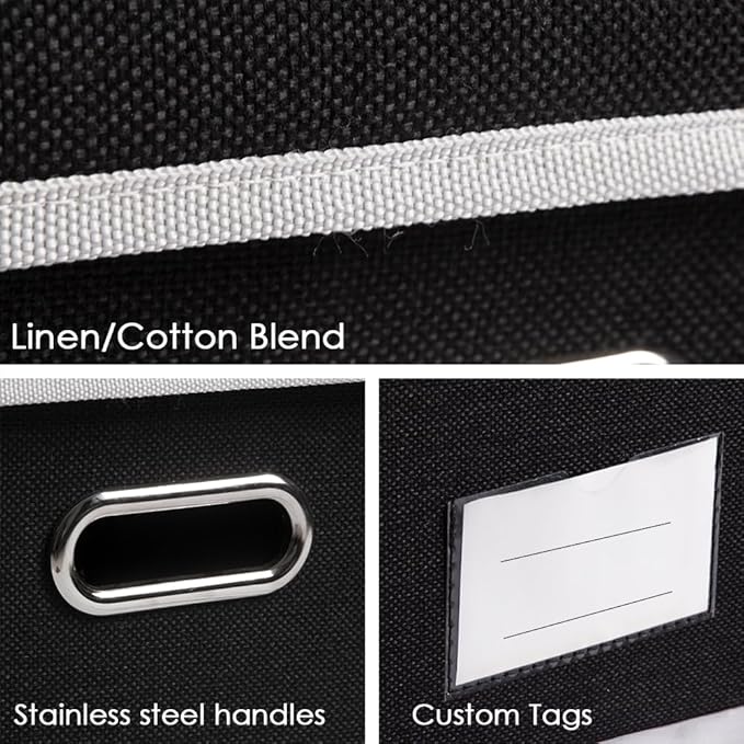 PRANDOM Large Foldable Storage Boxes with Lids [3-Pack] Fabric Collapsible Storage Bins Organizer Containers Baskets Cube with Cover for Home Bedroom Closet Office Nursery Black(17.7x11.8x11.8)