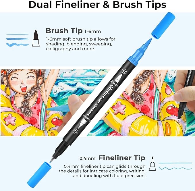 Ohuhu Markers for Adult Coloring Books No Bleeding 160 Colors Coloring Markers Water-based Dual Tips Fineliner & Brush Drawing Pens Art Pens for Kids Adults Sketch Journal - Maui - Black
