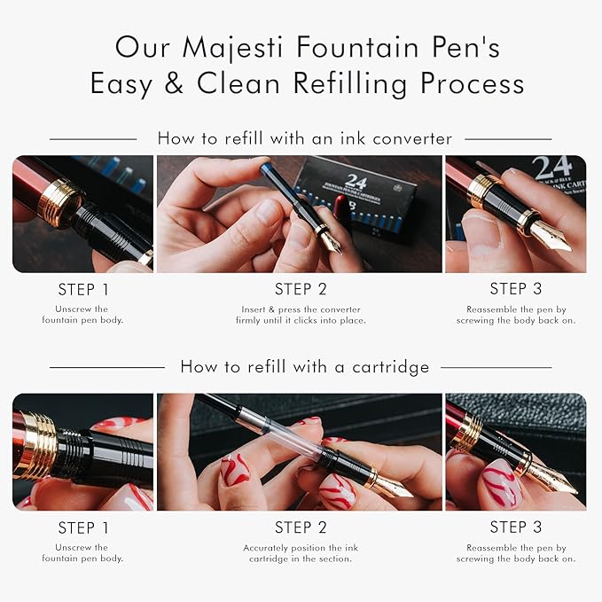 Wordsworth & Black Majesti Fountain Pen-(Black) Luxury Case, 24K Gold Finish; 18K Gilded Extra Fine Nib- Ink Cartridges, Refillable Ink Converter-Calligraphy Pen-Best Business Gift Set for Men & Women