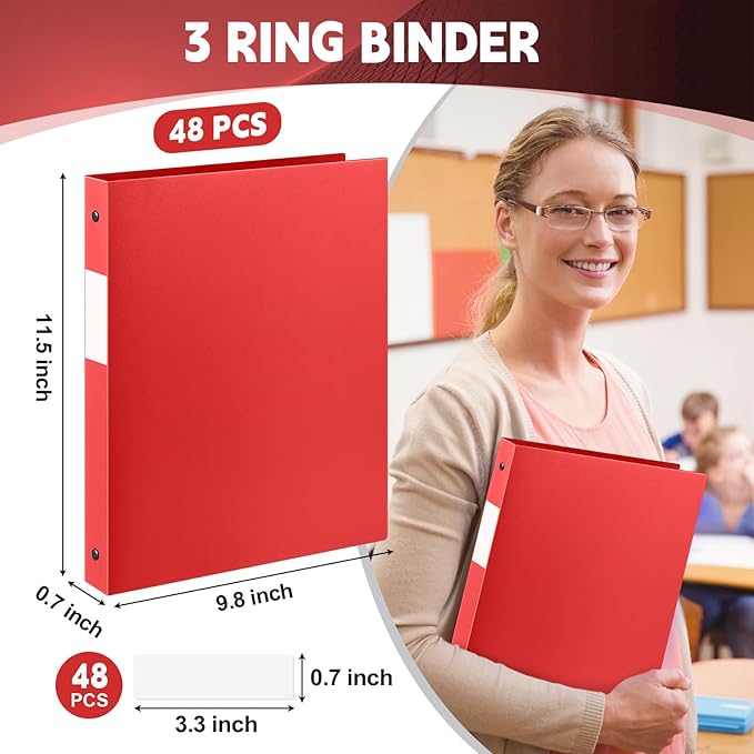 Henoyso 48 Pcs 3 Ring Binder 0.5 Inch Round Fits Letter Size 8.5'' x 11'' Paper Plastic Flexible Binder Bulk Holds 140 Sheets with 1 Pockets Versatile Organizer for Home Office School (Red)