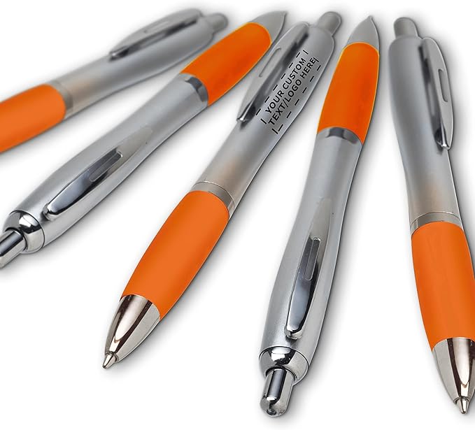 DISCOUNT PROMOS Personalized Ballpoint Pens With Rubber Grip, 10 pack Customizable Ergonomic Click-to-Write Custom Writing Pens for School with Black Ink, Orange