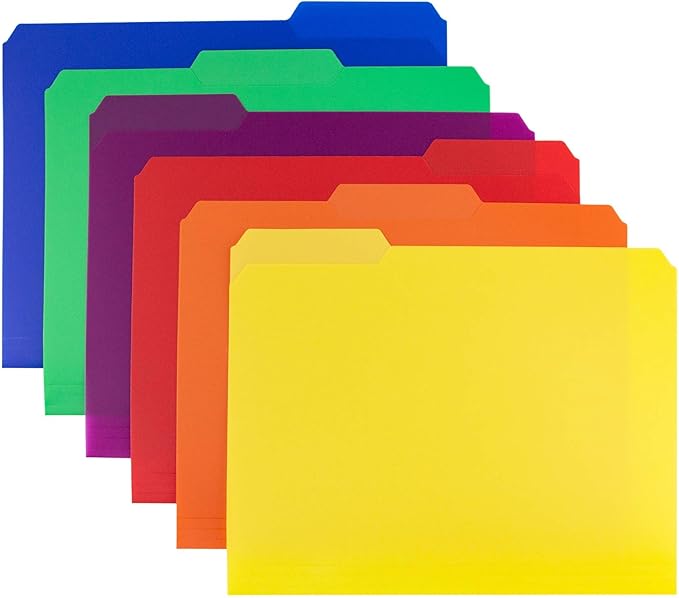 Dunwell Plastic Colored File Folders (6 Pack), 1/3 Tab Filing Folders for 8.5x11 Letter Size Documents, Assorted Colors, Acid-Free Poly, Includes Labels