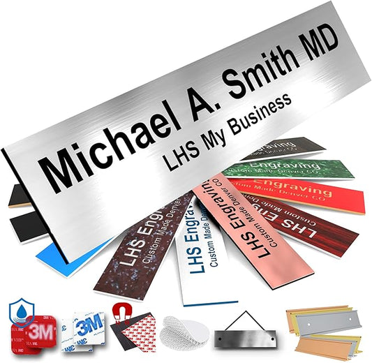 Door Name Plate Personalized for Office Brushed Steel Plastic Name Plate Black Letters - Made in USA 2x8 M1