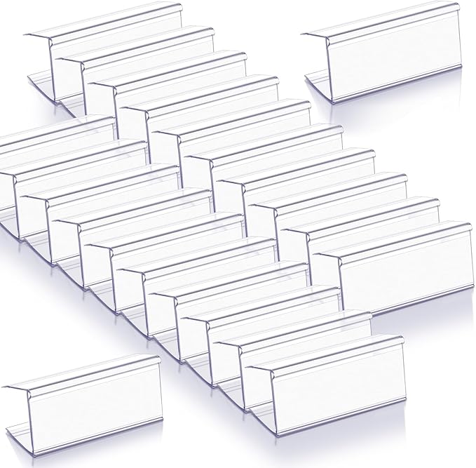 Weysat 100 Pcs Wood Shelf Label Holders Clear Plastic Price Tag 2.4 in L x 1 in H for Bookshelf Shelves, Wood Shelf Sign and Ticket Holder, Clips On to Shelves 3/4" to 1" Thick
