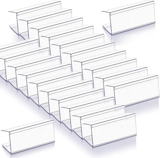 Weysat 100 Pcs Wood Shelf Label Holders Clear Plastic Price Tag 2.4 in L x 1 in H for Bookshelf Shelves, Wood Shelf Sign and Ticket Holder, Clips On to Shelves 3/4" to 1" Thick