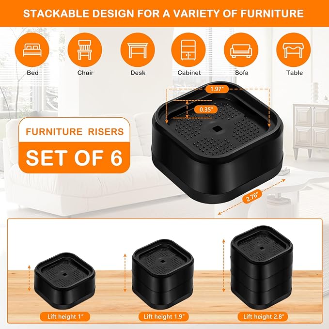 shouwuhho 6 Pack Furniture Risers Adjustable Bed Risers Heavy Duty Lifts Height 1", Square Stackable Bed Risers 1, 2 or 3 Inch for Desk Leg Table Couch Sofa Chair Bed Frame Legs Dorm, Black
