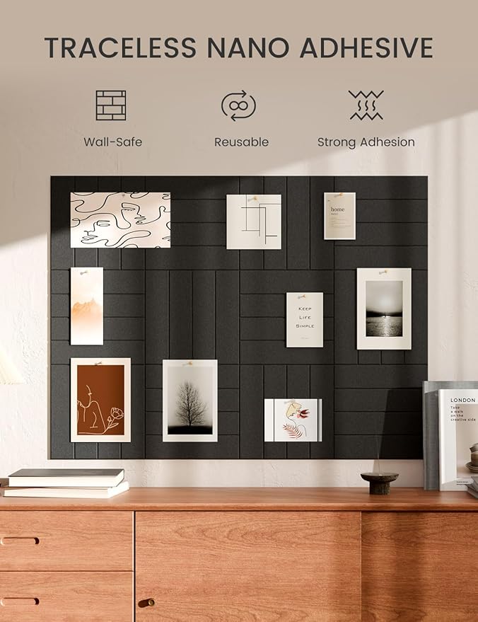 Bumusty Large Cork Board Alternative-47 x35 Felt Bulletin Board Tiles, with 30 Pushpins, 70 Adhesive Tabs, 12-Pack Slat Wall Paneling, Cork Boards for Office Push Pin Board Felt Board-Black