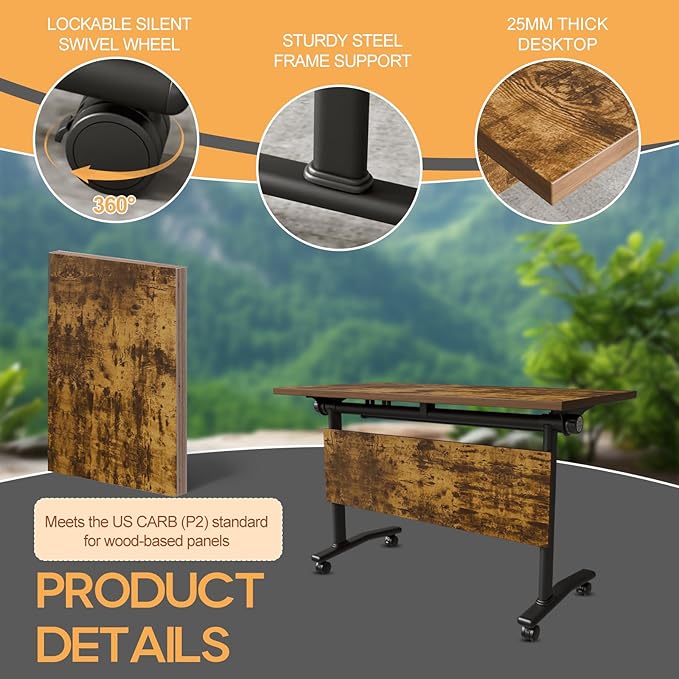 Folding Conference Table 4ft 5ft, Foldable Office Meeting Desk for 6 People, Multiple Sizes Colors Mobile Conference Room Table for Training Room School Business Furniture (4, Brown, 47in)
