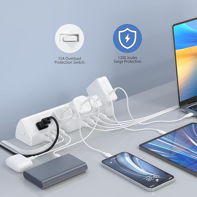 Jgstkcity Desk Clamp Power Strip,45W Fast Charging Station,4 USB-C,4 USB-A,Desk Mount Surge Protector,1875W Extension Cord with Multiple Outlets,ETL Listed,for Home Office Dorm Room,White,6 FT