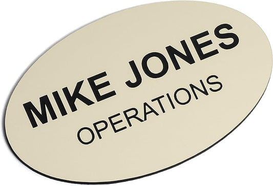 Custom Engraved Name Tag Badges – Personalized Identification with Pin or Magnetic Backing, 3.2 Inch Oval, Almond/Black