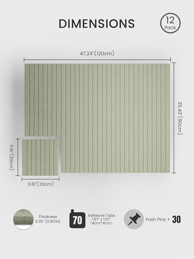 Bumusty Large Cork Board Alternative-47 x35 Felt Bulletin Board Tiles, with 30 Pushpins, 70 Adhesive Tabs, 12-Pack Slat Wall Paneling, Cork Boards for Office Push Pin Board Felt Board-Sage