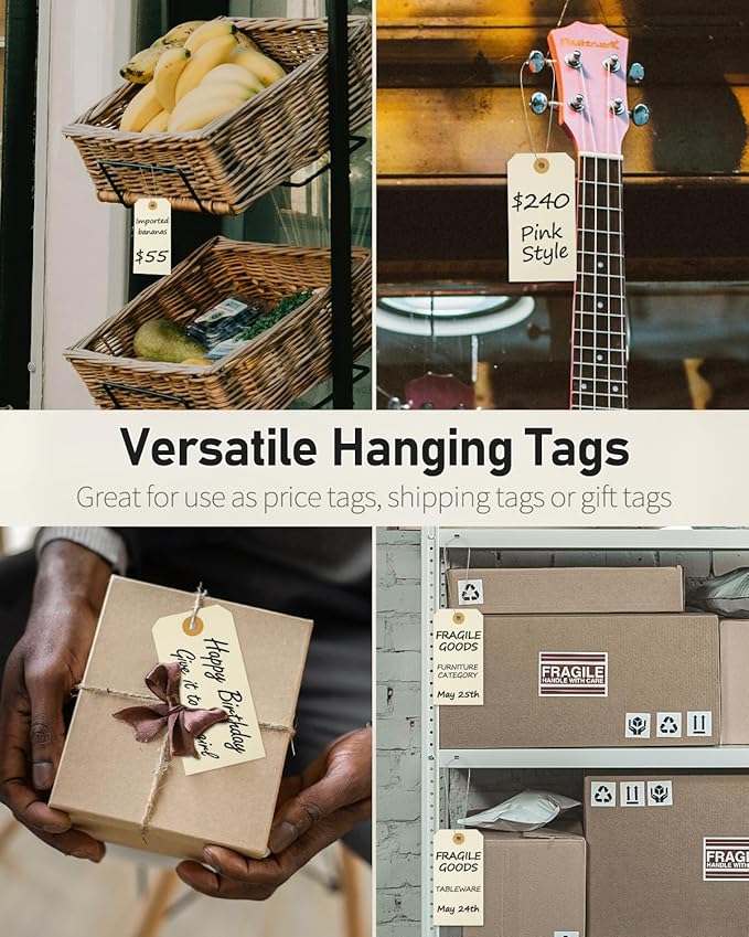 Uniclife 200 Pcs Manila Tags Blank Shipping Tags with Wire Attached 4.7 Inch Paper Hang Tag with Reinforced Eyelet Large Marking Writable Price Inventory Label Tag, 4.7" x 2 3/8"