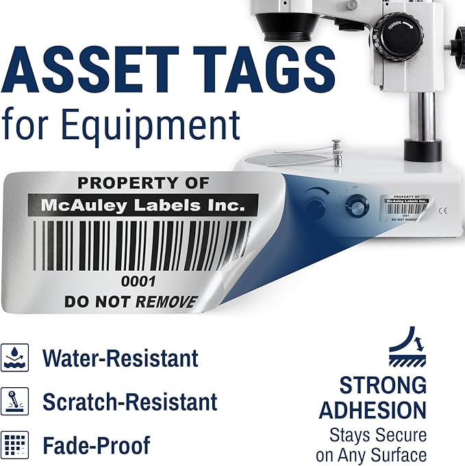 McAuley Labels Custom Asset Tags for Equipment – Numbered, Permanent, Adhesive, Metalized Silver Polyester - Barcode Label - 1.5x0.75 Inches