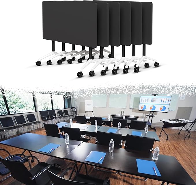 Goakwwuz Conference Room Table, Folding Conference Tables,Thicken Grey Tabletop,Flip Top Wooden Seminar Meeting Room Table for Conference Room Offices (6, Black, 47.2“)