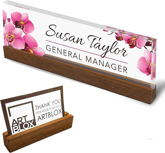 Artblox Office Personalized Name Plate for Desk with Business Card Holder On Clear Acrylic Glass Orchids Flowers Design Custom Desk Name Plate with Your Name and Credentials Customized Gift