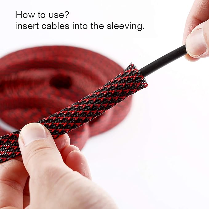 25ft - 3/4 inch PET Expandable Braided Sleeving – BlackRed – Alex Tech Braided Cable Sleeve