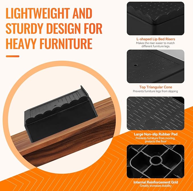 shouwuhho Furniture Risers, 4 Pack Bed Risers with Non-Slip Grip and Heavy Duty Support, 1 Inch 2 Inch 3 Inch 4 Inch Height Lift for Couch, Sofa, Table, Desk, Chair, Refrigerator - Black, 1 Inch