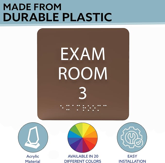 ADA CENTRAL SIGNS - 6" X6" Exam Room 3 Sign - ADA Compliant Tactile Graphics Grade 2 Braille Text Acrylic Wall Signs - Educational Institution Directional Assistance Test Center Door Sign for Schools