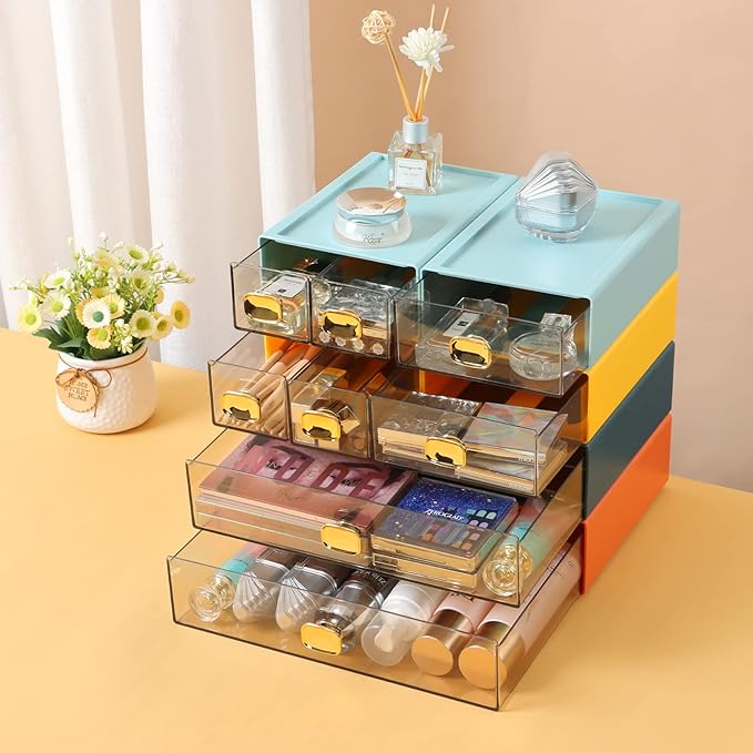 OSteed Spacious Desktop Storage Box, 1 Large 1 Middle & 2 Small Storage Drawers, Stackable Office Desk Drawer Organizer and Accessories, Printer Paper Organizer, Blue Plastic Drawers for Workspace