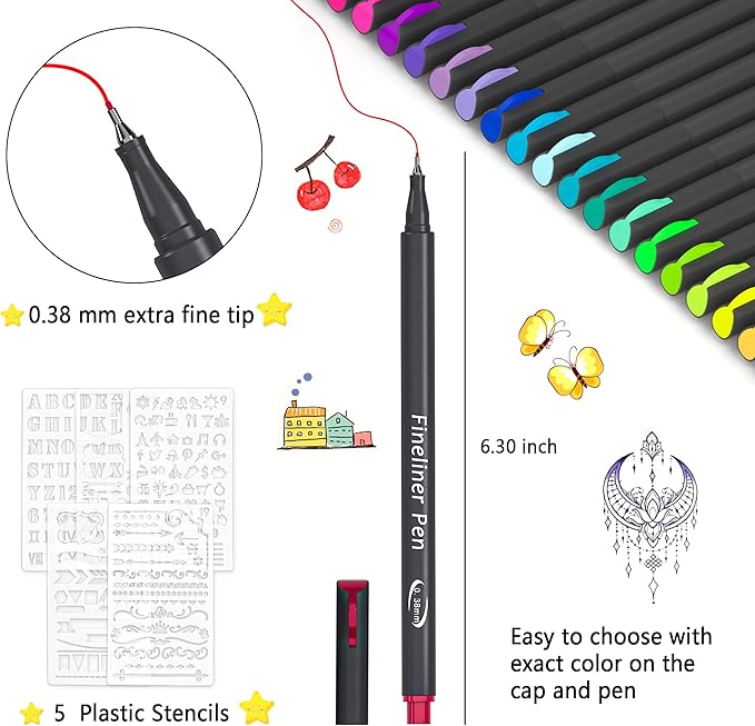 Tebik 45 Pack Planner Colored Pens, 40 Colors Pens with 5 Stencils, Fineliners for Journal Planner Note Calendar Writing Coloring, Drawing, School Office Art Supplies