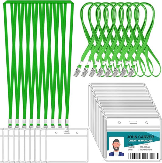 100 Pcs Clear Horizontal Badge ID Card and 100 Pcs Lanyard, Reusable Lanyards for Id Badge Holder Name Tag Badge Holder with Lanyards for Adults Kids Business School Conferences (Green)