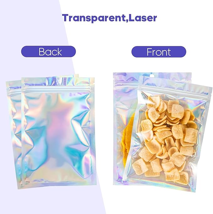 100Pcs Holographic Packaging Bags, 2.7x3.9 inch Resealable Foil Pouch Mylar Sample Bag Great for Small Business and Party Favor Food Storage Favors, Small Business Packaging