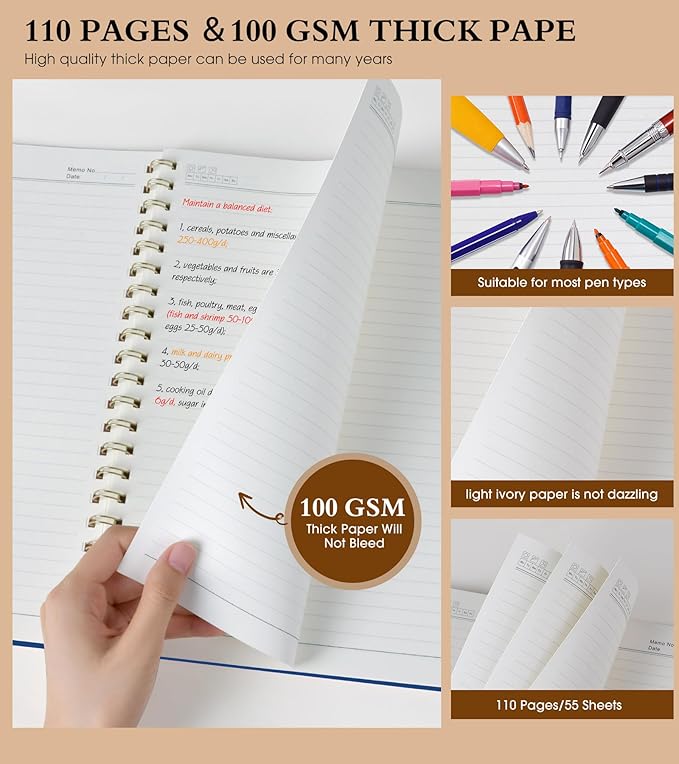 Spiral Notebook Journal 8.5” x 11”, A4 Large Notebooks for Women Men, College Ruled Lined Journal, 100 GSM Paper, Plastic Hardcover Spiral Bound Journals for Work School Note Taking Business, Navy