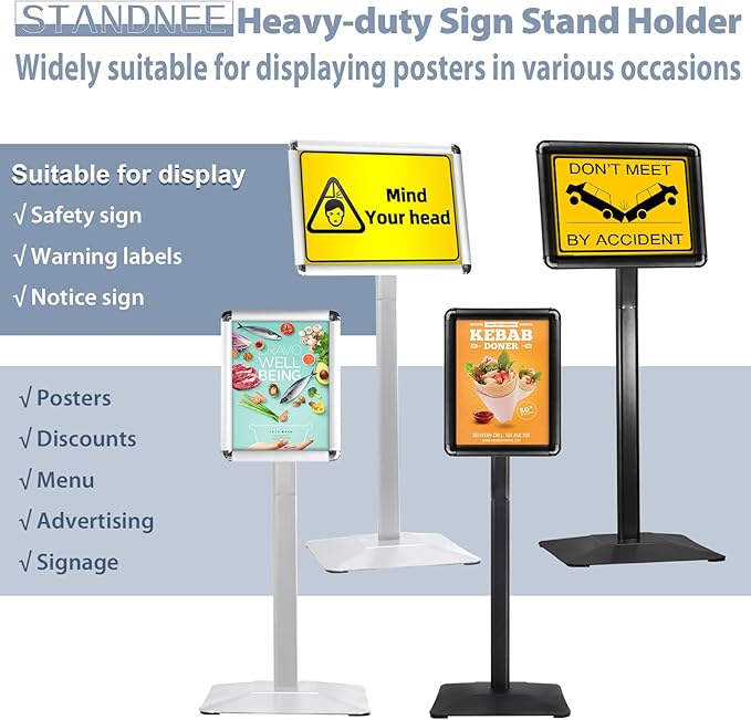 STANDNEE Heavy-duty Poster Stand Holder 11"x 17" Pedestal Floor Standing Sign Holder Vertical and Horizontal View Sign Display, Aluminum Snap Open Frame with Safety Corner, Silver (3 Packs)