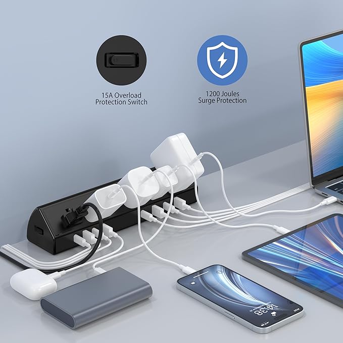 Jgstkcity Desk Clamp Power Strip,45W Fast Charging Station,4 USB-C,4 USB-A,Desk Mount Surge Protector,1875W Extension Cord with Multiple Outlets,ETL Listed,for Home Office Dorm Room