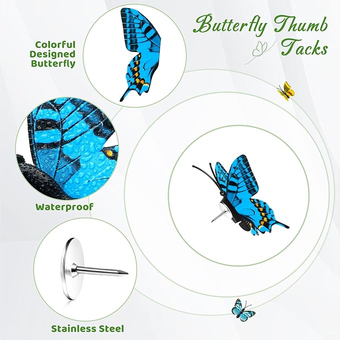 50Packs Butterfly Decorative Push Pins Blue Thumbtacks Cute Thumb Tacks Pushpins for Cork Board Bulletin Board Wall for Office Home Cubicle Decor Decorations Hanging