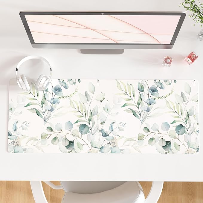 QIYI Large Mouse Pad, Cute Green Leaves Desk Mat for Desktop, Women Girls Office Décor Desk Accessories, PU Leather Waterproof Gaming Mousepad, Eucalyptus Leaf Desk Pad Computer Mat, 31.5" x 11.8"