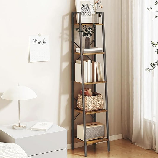 Hzuaneri Ladder Shelf, Bookshelf Bookcase, Freestanding Corner Storage Shelve with 2 Hooks for Home Office, Living Room, Kitchen, Bedroom, Industrial, 11.8" D x 13.4" W x 63" H, Rustic Brown BC03201B