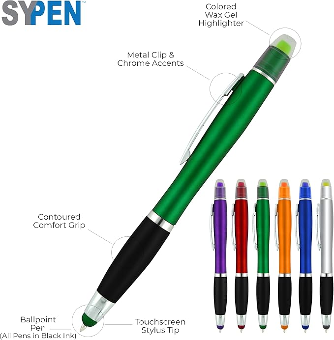 Personalized Pens with Gel Highlighter and Stylus -200 Pack Bulk-Free Imprint - 3 In Bible Highlighter No Bleed, Ballpoint Pen, and Stylus Combo- add Custom Name, Logo or Gift Message- Green
