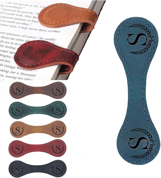 Personalized Magnetic Leather Bookmark, 26 Letters Custom Leather Bookmarks, Handmade, Leather Magnetic Bookmark for Book Lovers Readers Women Kid(Blue，S）