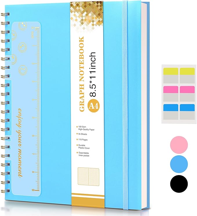Graph Paper Notebook, Spiral Notebook Journal 8.5” x 11”, A4 Large Grid Notebooks for Women Men, 100 GSM Graph Paper, Plastic Hardcover Spiral Graphing Journals for Work School Engineerin, Blue