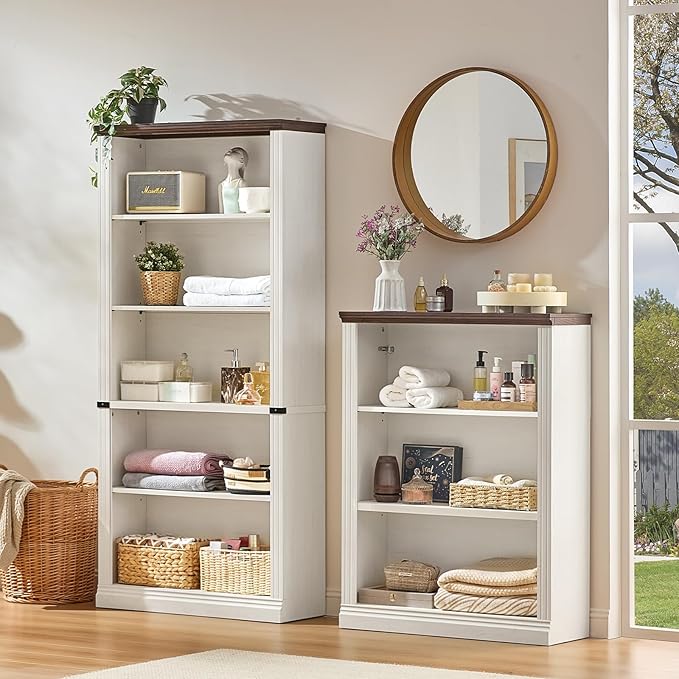 RWYHG 70" White Tall Bookshelf Set of 2,5-Tier Thick Wooden Book Shelf with Adjustable Shelves,Free Standing Farmhouse Bookcase with Open Display Storage,Floor Vintage Bookshelves for Living Room