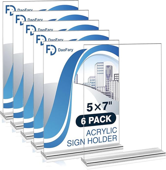 Daofary Acrylic Sign Holder 5 x 7 Inches 6 Pack, Double-Sided Stand up Table Top Paper Holder, Store Sign Holders, Plastic Sign Display for Restaurants, Hotels, Office
