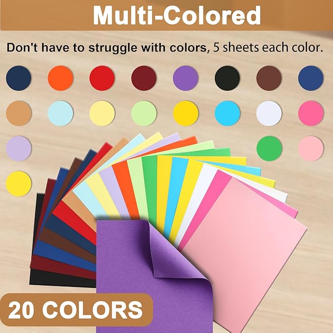 Silunkia 100 Sheets 20 Assorted Colors Cardstock Scrapbooking Paper, 92lb Heavyweight Card Stock A4 Colored Paper for Birthday Decorations, Cards Making, Greeting Cards, Wedding Invitations