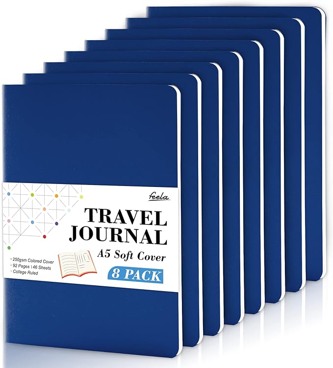 8 Pack Soft Cover Journal Bulk, Feela Notebooks College Ruled for Work, Lined Travel Journal for Women Men, Note Taking Notebook School Supplies Business Writing, 8.2” x 5.5”, A5, Navy