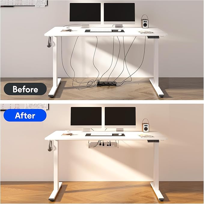 FLEXISPOT EN2 Whole-Piece Standing Desk with Clamp Power Strip, 48 x 24'' Electric Stand Up Height Adjustable Desk with Cable Management (Black Frame + 48" White Top, 2 Packages)