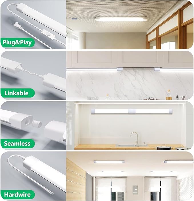 Modlicht 4FT Plug in Light 2PCS, Linkable Shop Lights for Garage, Bright Workbench Light with Cord, 5000K LED Light Bar for Workshop Kitchen Bedroom Bathroom Office Basement, 36W