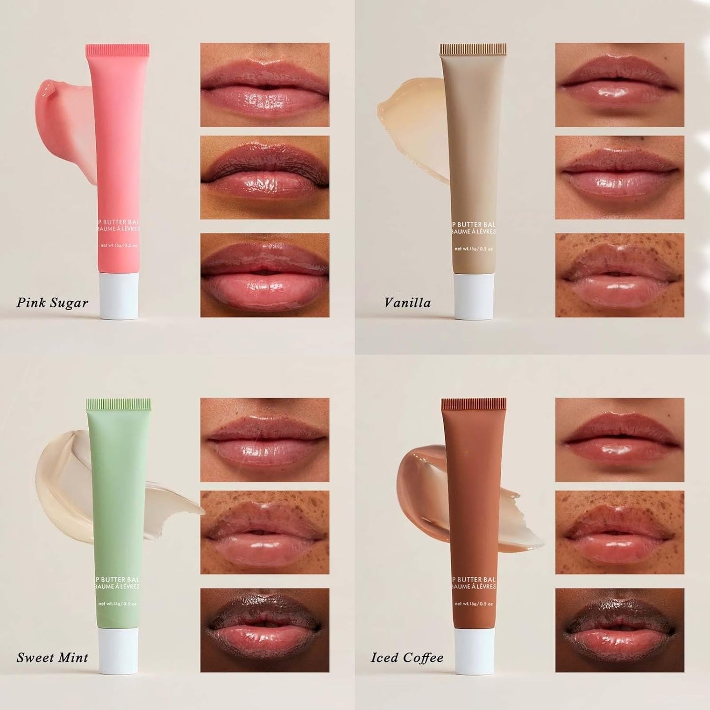 4 Pcs Lip Butter Balm - Tinted Lip Balm Hydrating - Lip Balm Set for Women - Lip Moisturizer for Very Dry Lips - Lip Gloss, Pink Sugar & Vanilla & Sweet Mint & Iced Coffee, Moisturizing Nourishing