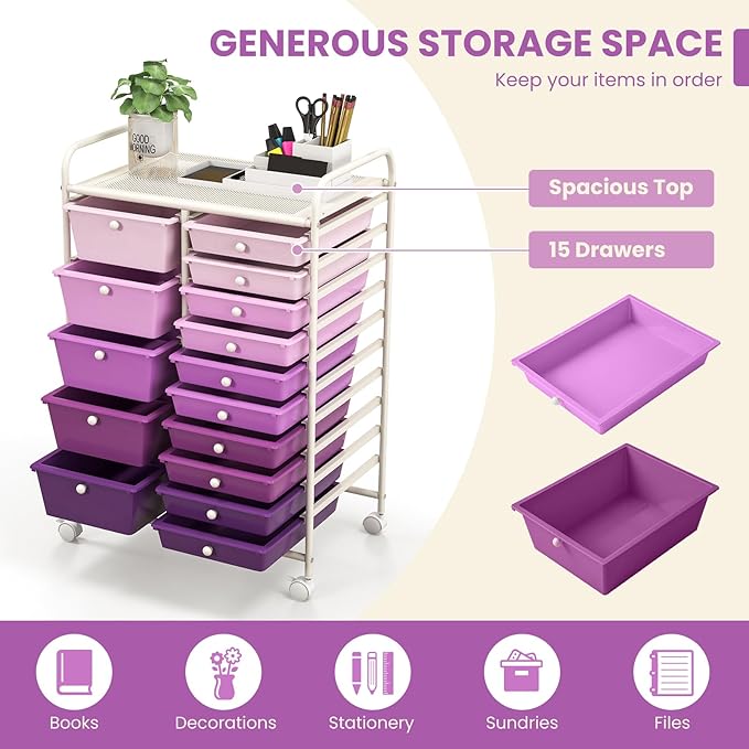 DORTALA 15-Drawer Rolling Storage Cart with Drawers, Rolling Utility Cart w/Removable Drawers & Universal Wheels, Tools Scrapbook Paper Organizer for School, Office, Home, Classroom (Gradient Purple)